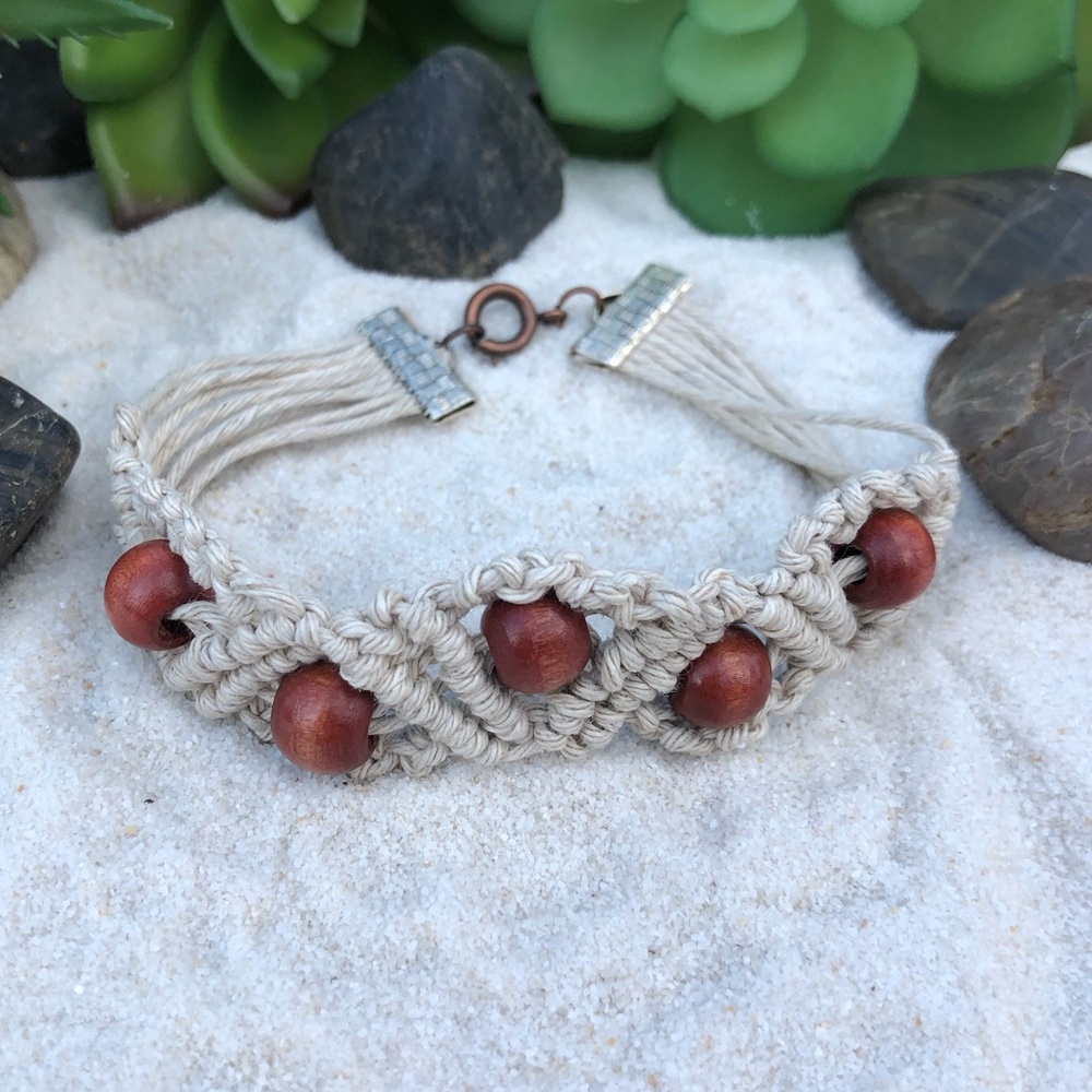 Hemp Macrame Bracelet Anklet White with Red Beads